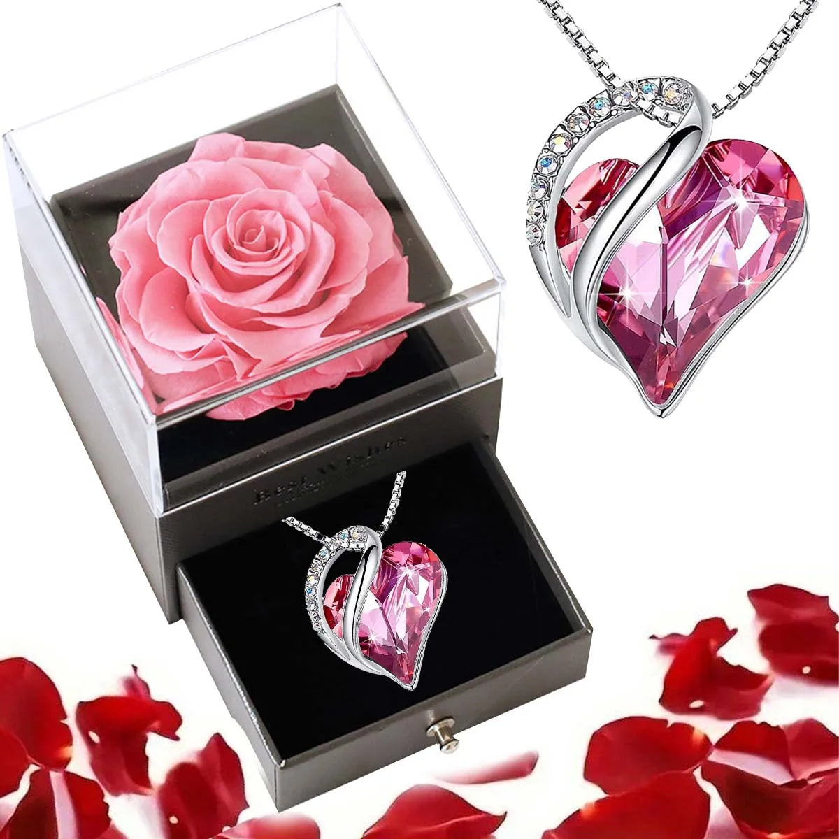 Ocean Heart Love Halskette mit Eternal Rose Schmuckschatulle 
