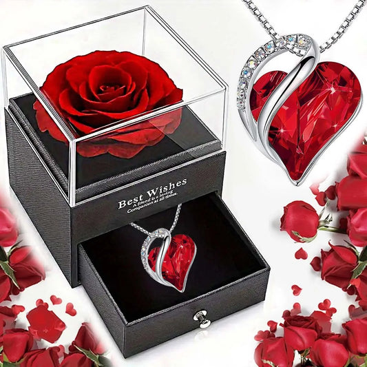 Ocean Heart Love Halskette mit Eternal Rose Schmuckschatulle 